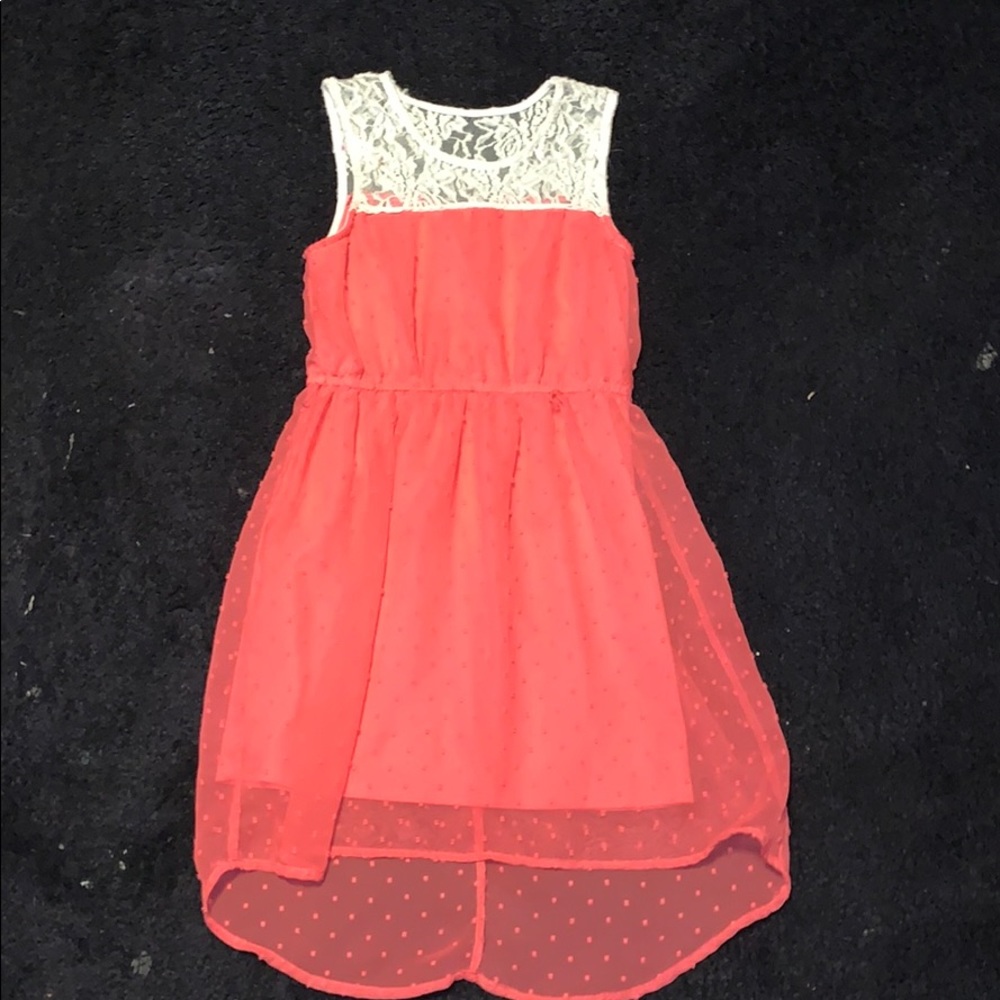 Coral dress with white lace top